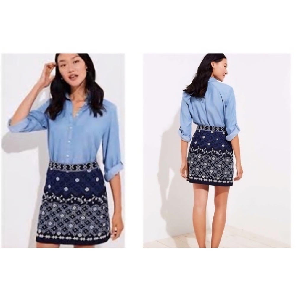 Loft Womens Navy Blue‎ Embroidered Floral Geometric A-Line Mini Skirt Size 4